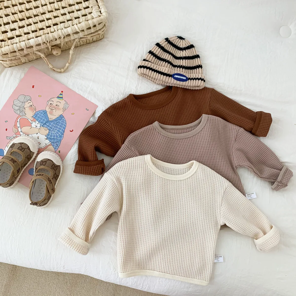 9797B Baby Clothes Korean Baby Waffle Tops Spring Autumn New Round Neck Girl T-shirt Sweater Coat Girl Thick Waffle Tops