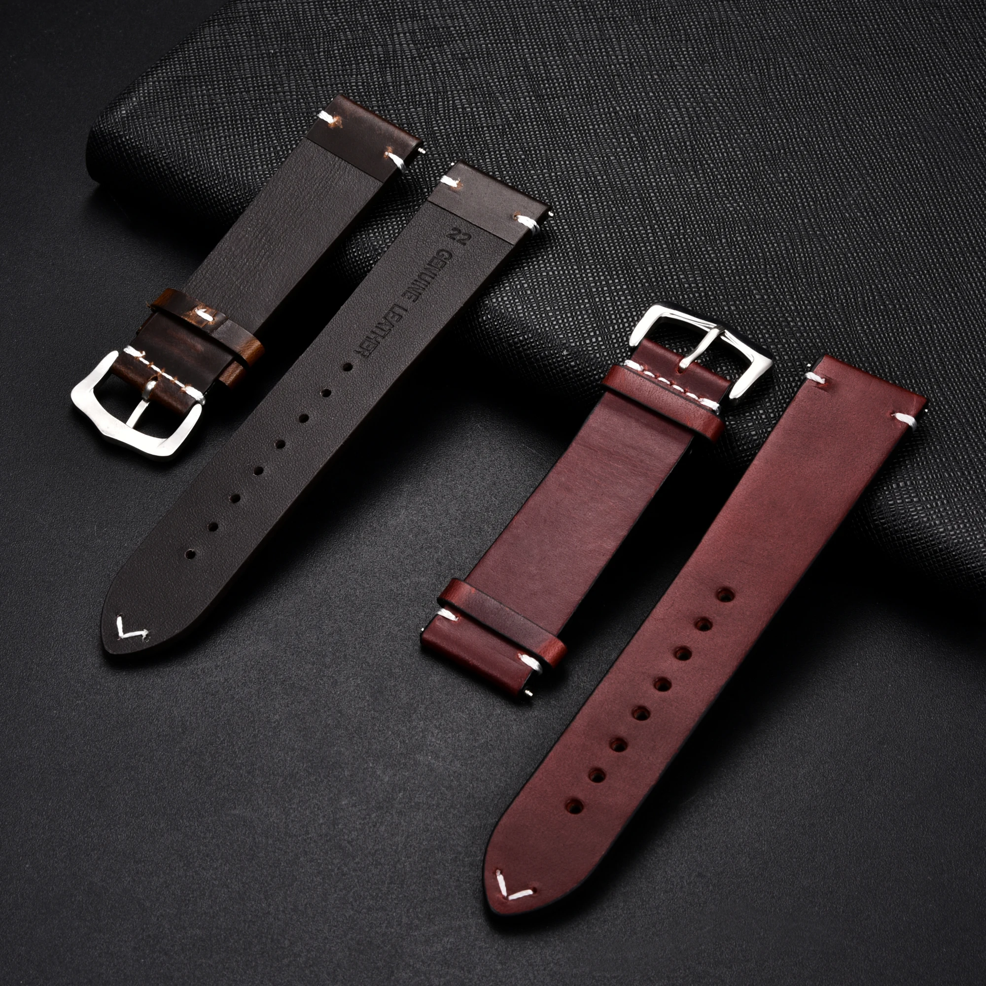 Vintage Genuine Leather Watch Strap - Premium Oil Wax Cowhide Discoloration Design, High-Quality Business Band