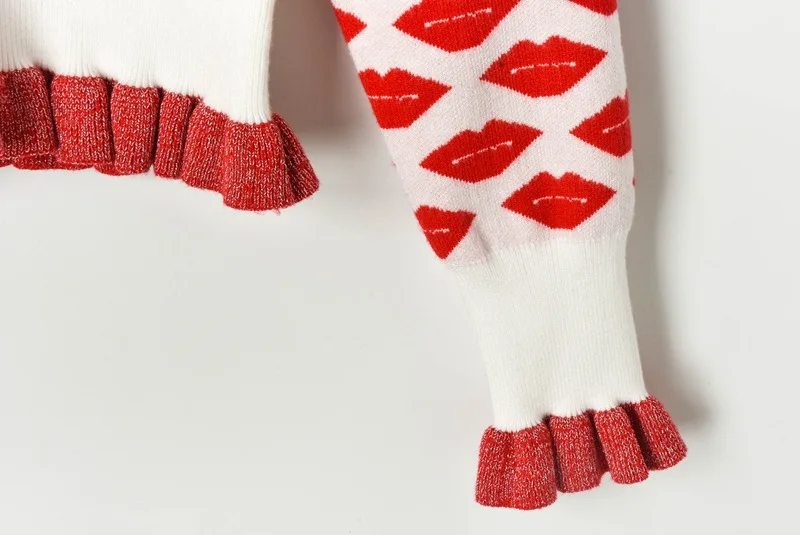 Роскошный брендовый дизайнерский вязаный кардиган для женщин Causel с v-образным вырезом контрастного цвета красная губа жакардовое с завышенной талией вязаный свитер