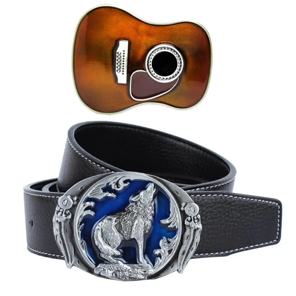 Vintage Black Leather Straps Belt Western Rock Music Guitar Buckle Bohemian