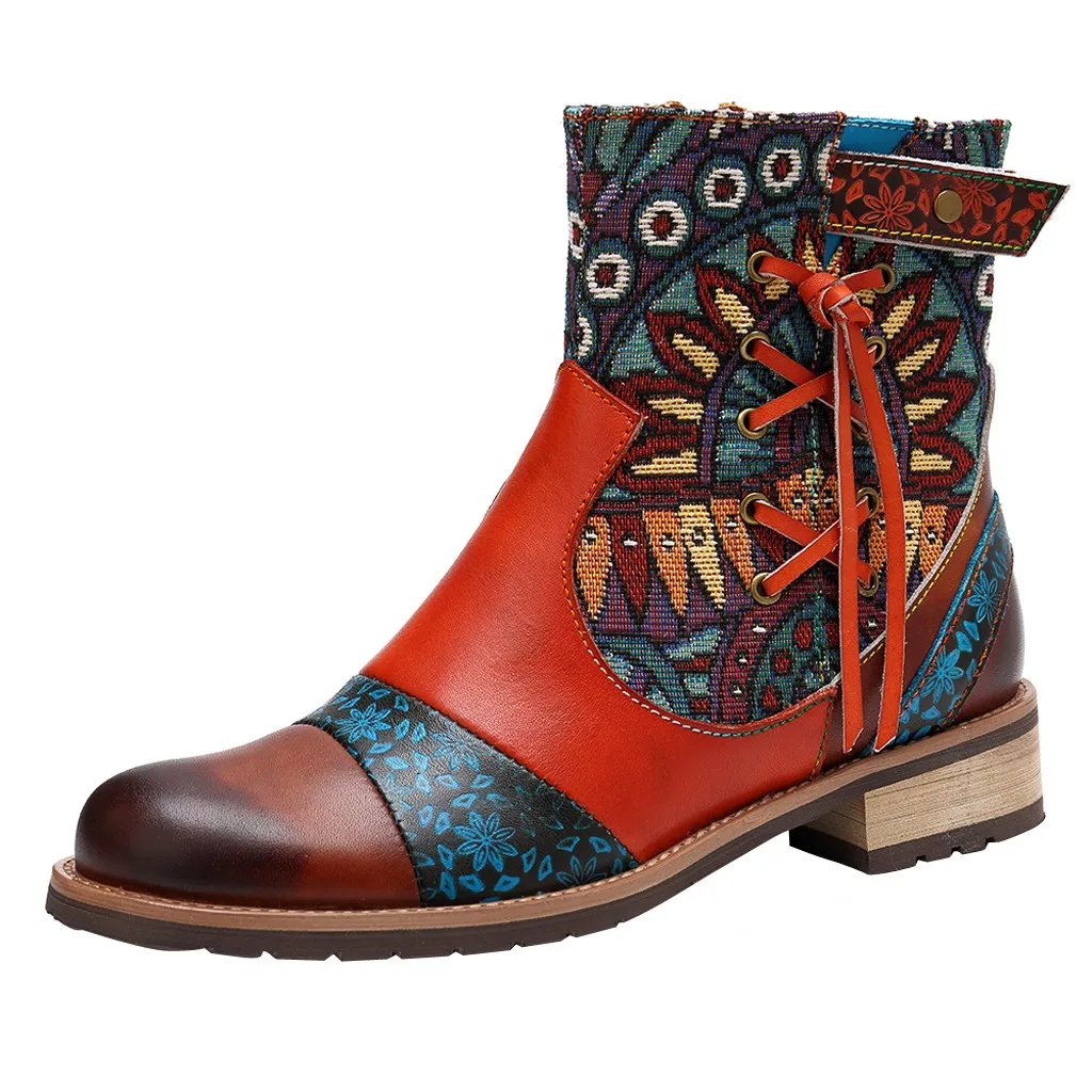 

Embroidery Lace booties Women Leather Splicing Pattern Bohemian Style platform Short Boots European Ladies shoes bottes femme