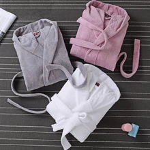 Зимние плотные однотонные халаты из чистого хлопка с вышивкой банные халаты унисекс с длинными рукавами абсорбирующий махровый Халат с капюшоном