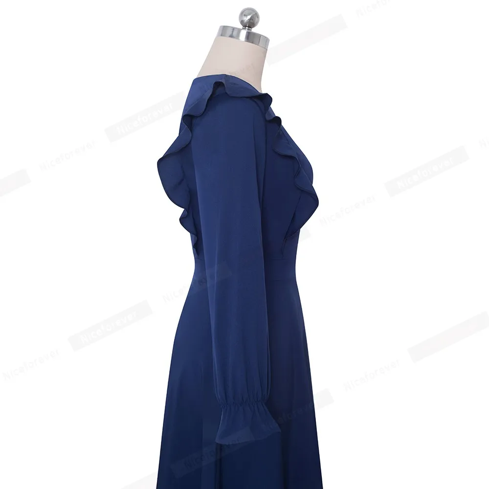 Nice-Forever Новое Осеннее однотонное платье с длинными рукавами и рюшами для вечеринки, женское расклешенное платье трапециевидной формы, A181