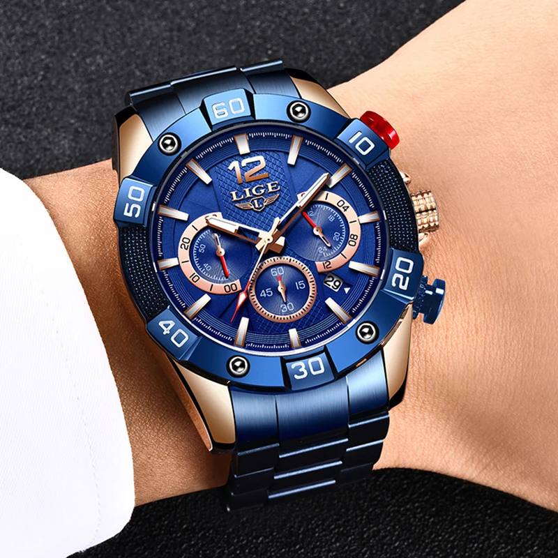 LIGE 2020 New Fashion Blue Mens Watches Top Brand Luxury Clock Sports Chronograph Waterproof Quartz Watch Men Relogio Masculino