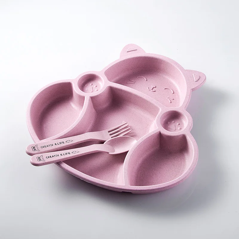 

3pcs Baby Feeding Food Tableware Cartoon Cat Kids Dishes Children Eating Dinnerware Set Anti-hot Plate Training bowl+spoon+fork