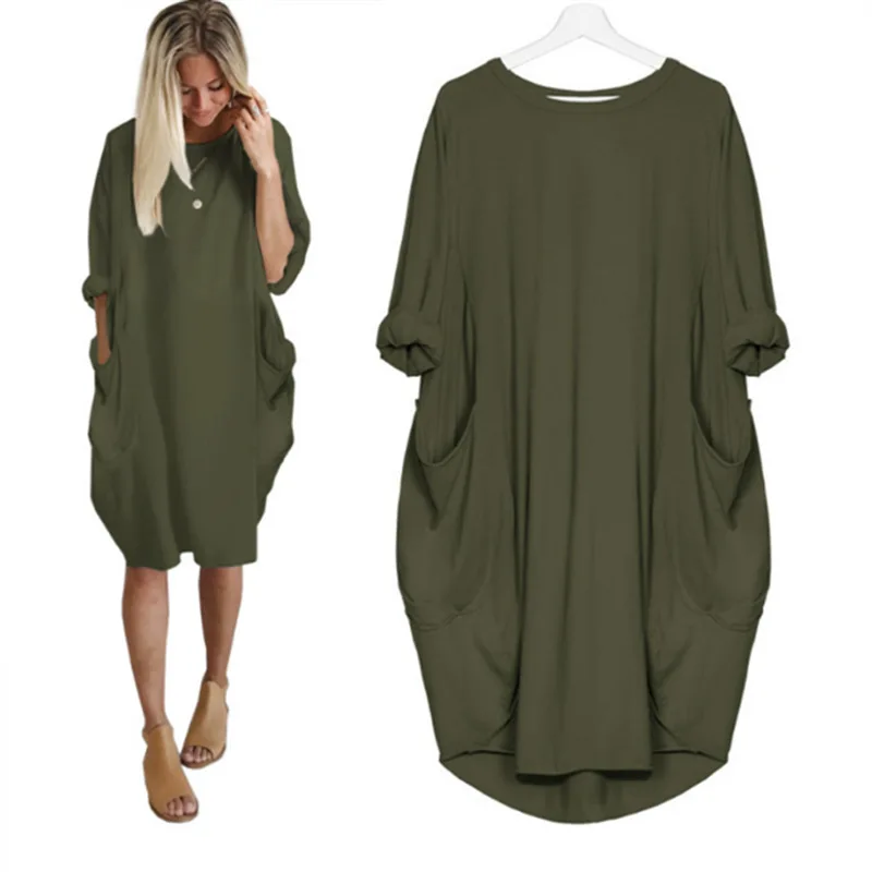 

Dress women casual loose solid dress with pocket plus size ladies fashion long tops female t shirt dresses streetwear vestidos