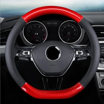 

D Shape Steering Wheel Cover Genuine leather Cow Skin + Carbon Fibre 38CM Car Wheel Cover Interior Accessories
