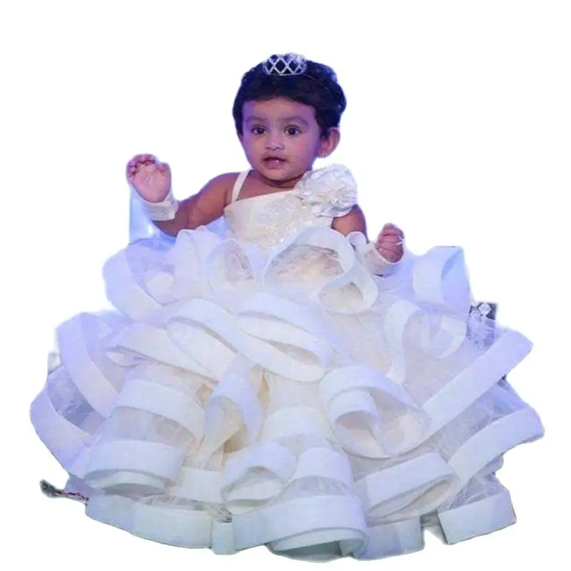 

Cute Ball Gown Baby Girls Clothes With Organza Ruffle One Shoulder Beaded Girls Pageant Birthday Dresses For toddler