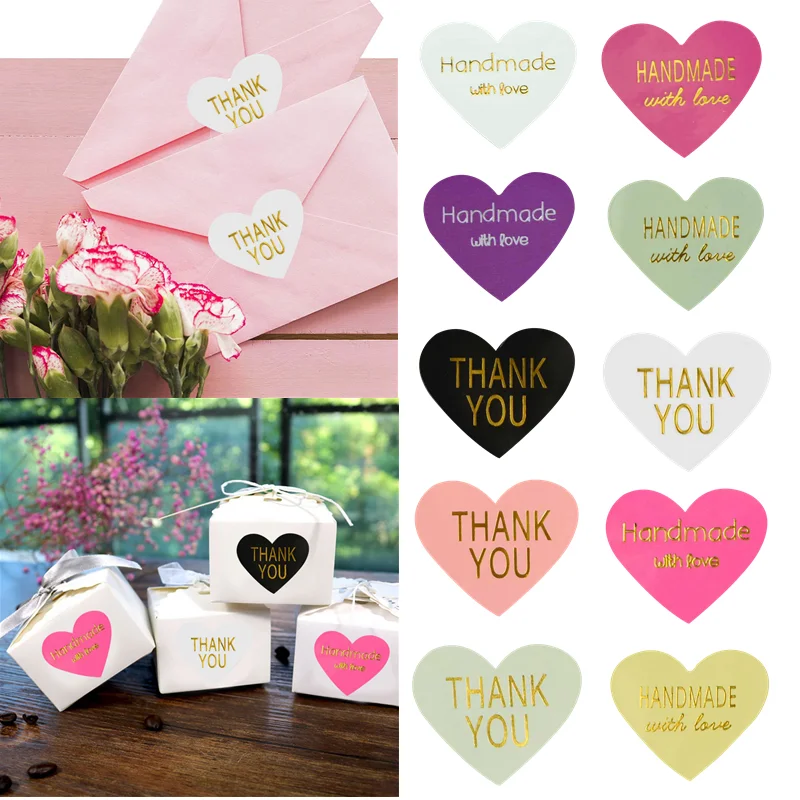 5sheet THANK YOU HANDMADE Love Heart Sticker Kraft Paper Seal Labels DIY Envelope Birthday Wedding Party Gift Bag Decor Stickers