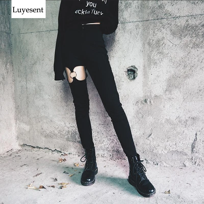 

Dark Goth Black Cool Woman Long Pants 2020 Lady Zipper Irregular Hollow Out Cool High Waist Punk Trousers Lady Gothic Tight Pant