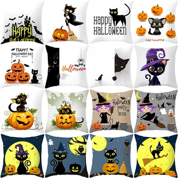 

1Pc Halloween Theme Cushion Cover Cat Printed 45x45cm Throw Pillow Case Polyester Peachskin Home Sofa Office Decor Pillow Cover
