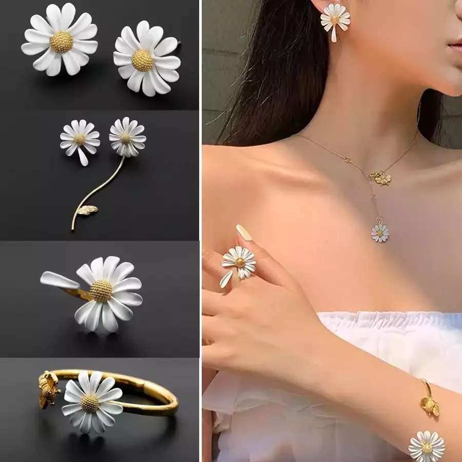 Korean Style Cute Small Daisy Flower Stud Earrings For Women Girls Sweet Statement Asymmetrical Earring Party Jewelry Set Gifts