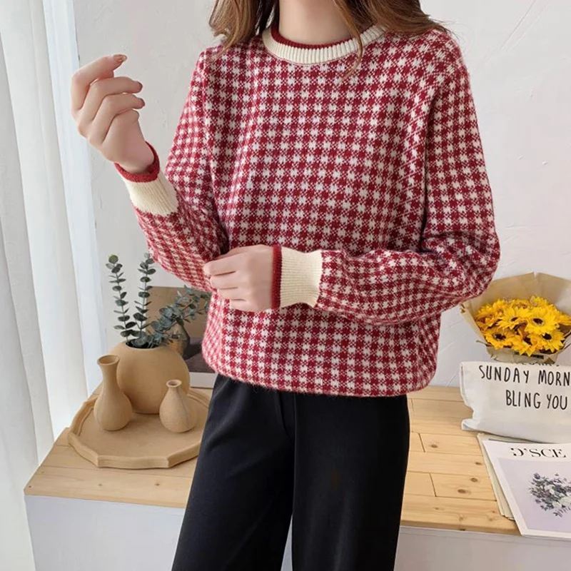 

Plaid Knitted Sweater Women Loose Vintage Pullover 2021 Autumn Winter Long Sleeve Female Jumpers