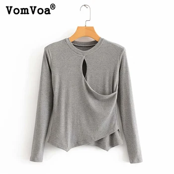 

VomVo aLong-sleeved T-shirt ladies chest hollow out sexy woman gray wild pull-up bottoming shirt girl autumn top