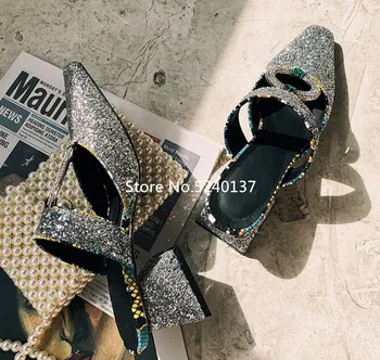 

Bling Silver Women Slippers Pointed Toe Sequined Cloth Hollow Chunky Heel New Muller Shoes Female