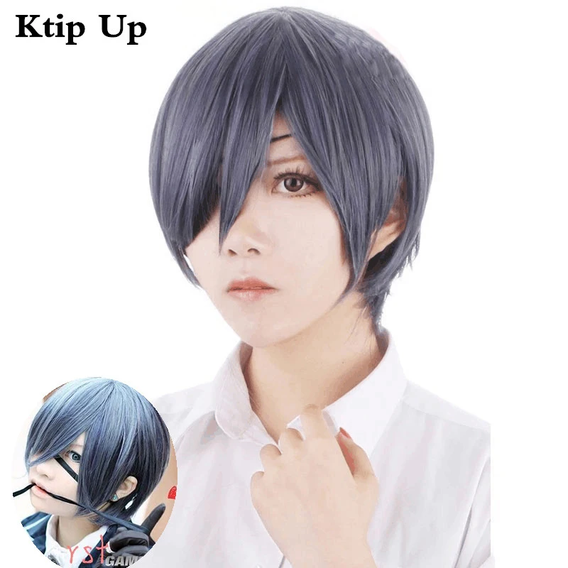 

Anime Black Butler Kuroshitsuji Ciel Phantomhive Wigs Grey Blue Heat Resistant Synthetic Hair Cosplay Wig
