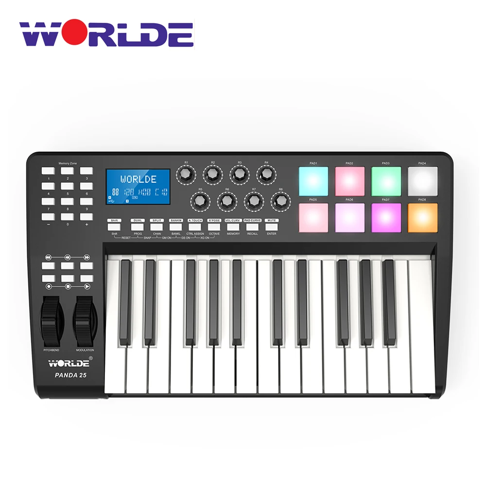 

WORLDE PANDA25 Compact 25-Key USB MIDI Keyboard Synthesizer Controller 8 RGB Colorful Backlit Trigger Pads with USB Cable