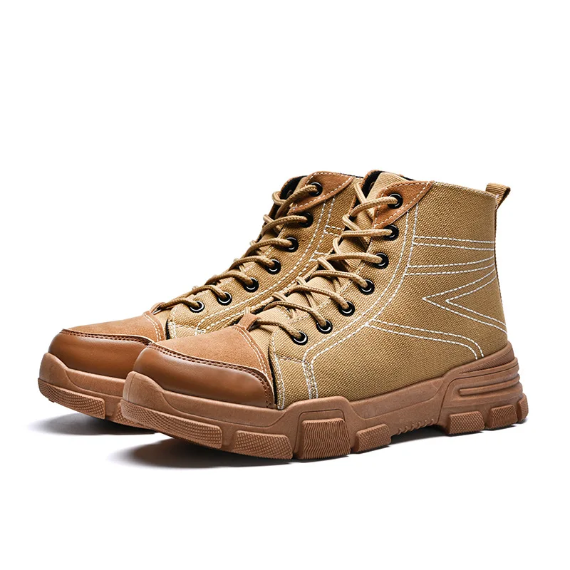 Men's Fashion Denim Canvas Boots Top Quality Men Thick Sole Short Boots Casual Outdoor Male Tooling Shoes Working Boots High Top - Цвет: khaki