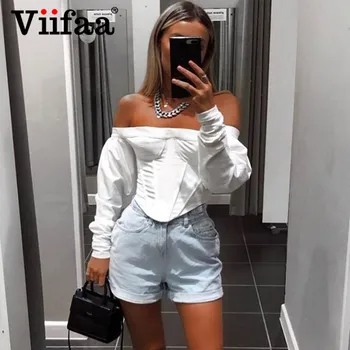 

Viifaa Women Gigot Sleeve White Curved Hem Off Shoulder Silky Crop Blouse Long Sleeve Spring Streetwear Sexy Tops and Blouses