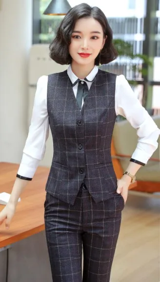 Gray vest and pants Naviu Элегантный и модный профессиональный клетчатый жилет с v-образным вырезом, деловые формальные тонкие Топы для женщин, жилет для офиса, Женская рабочая одежда - Цвет: Gray vest and pants