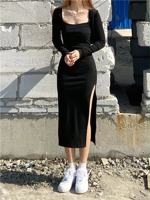 Girls Lengthy Sleeve Costume Mid-calf Size Sq. Collar Black Sheath Retro Slim Attractive Classic Aspect Slit Stretchy All-match Easy 81 Hc9a6cff1d7864ad88d0c9e28c146e23aO