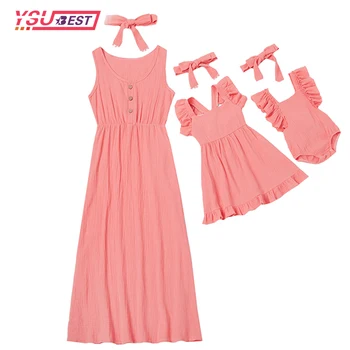 

1pcs Mother Kids Casual Button Dress Solid Matching Cute Baby Romper Summer Dress Mom Baby Family Clothes Outfits Cotton Dress