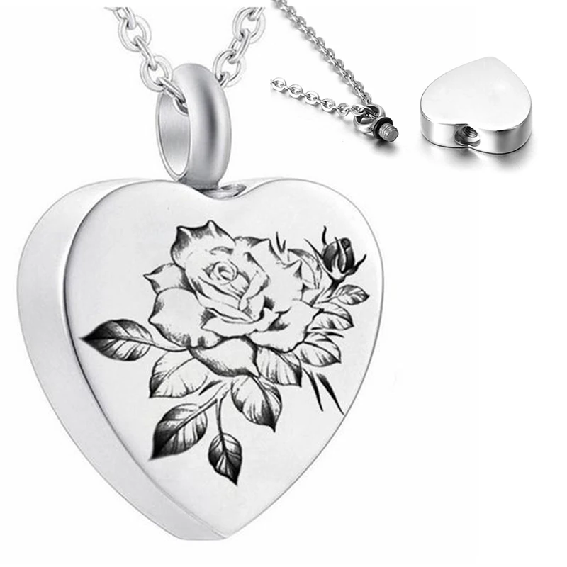 Heart Shaped Memorial Urns Necklace Human/ Pet Ash Casket Cremation Pendant Cross Stainless Steel Jewelry Can Open