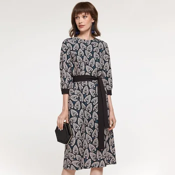 

Women Vintage Sashes Printed A-line Party Dress Three Quarter Sleeve O neck Elegant Casual Dress 2020 Early Spring Fashion Dress