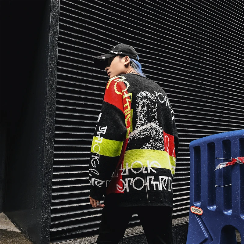 Great Value RLJT.JIN Hot High Quality Street Fashion Hip Hop Wacky Loose Mens Sweaters Practical Winter Warm Men Jumper Multicolor Splicing