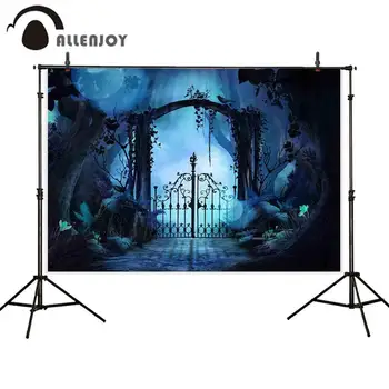 

Allenjoy photography backdrop Halloween night iron gate tree blue light photo background photophone vinyl photozone photocall