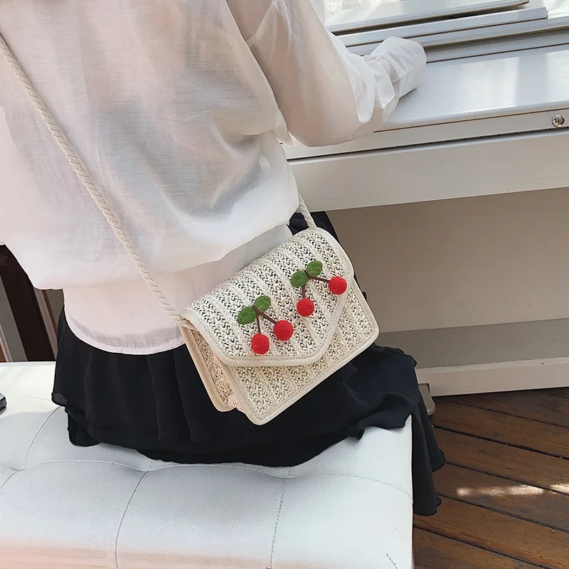 

Cherry Small Square Bag Women's 2019 Summer New Style Korean-style Versatile Straw Shoulder Bag GIRL'S Heart Weaving WOMEN'S Bag