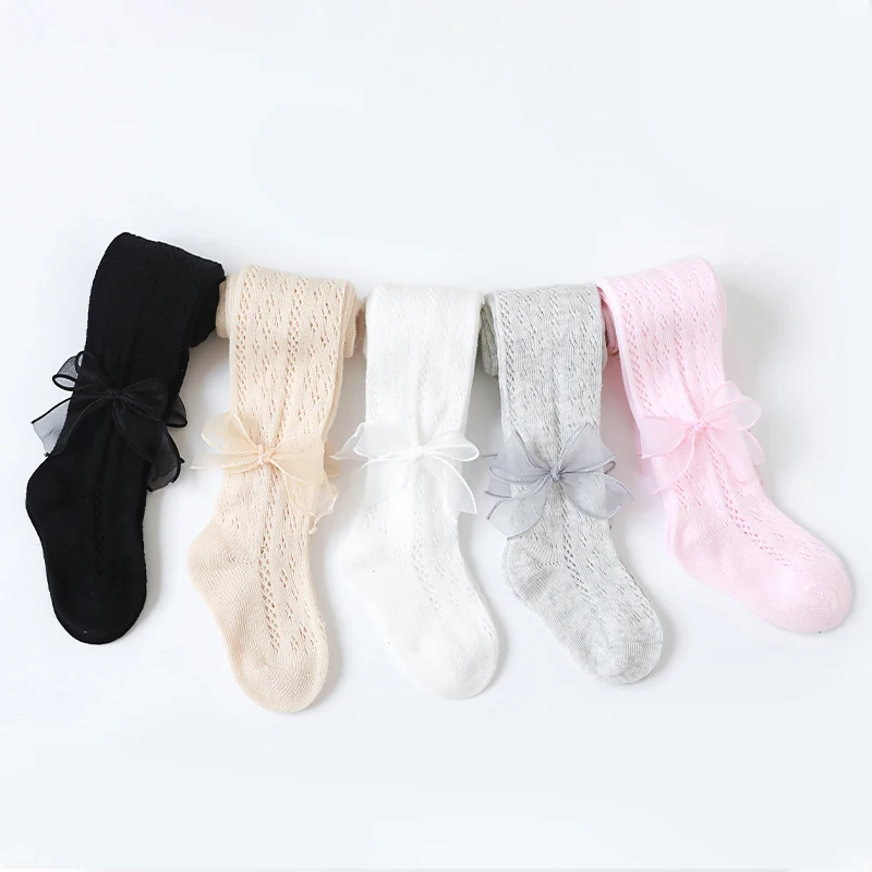 Summer Thin Baby Girls 0-1/1-3/3-5 Years Fishnet Cotton Hollow Tights with Tulle Bow White Pink Color Breathable Panty Hose Kids
