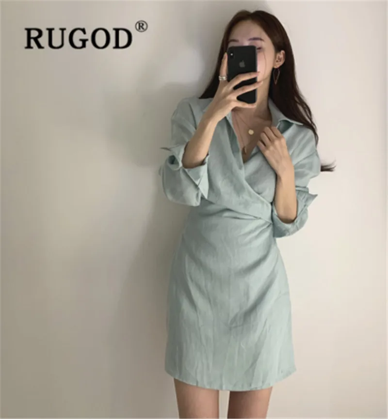 Небесно-голубой RUGOD Платье женское Новое ТРАПЕЦИЕВИДНОЕ ПЛАТЬЕ с отложным воротником, тонкое Бандажное платье с высокой талией, элегантное женское платье, Vestidos Verano - Цвет: Небесно-голубой