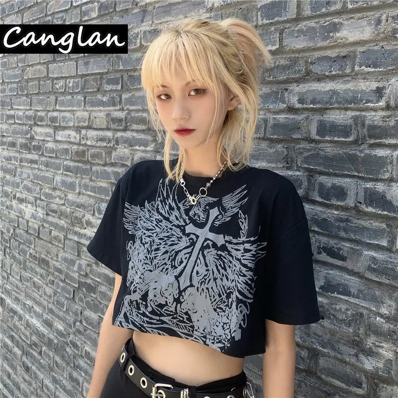 Gothic Style Crop Top Harajuku Graphic T Shirt for Women Ulzzang Korean Tshirt Summer