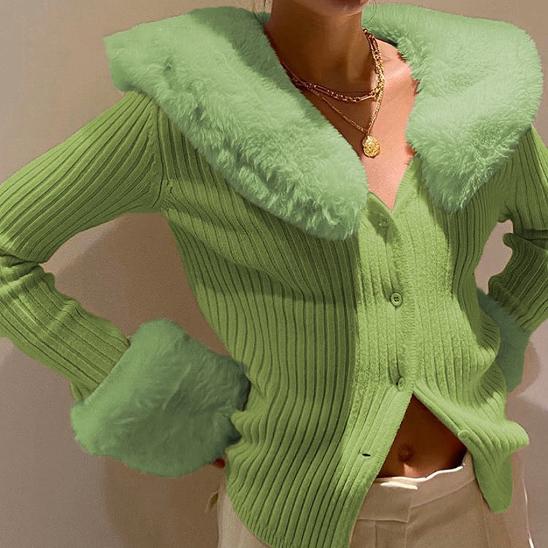 

Sweaters V Neck Outfits Feather Patched Knitwear Long Sleeve Cardigans Green Women Streetwear Party Tops Autumn