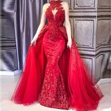 Abiye красное вечернее платье Съемный Хвост на заказ Элегантное Длинное Вечернее платье Арабские официальные платья Аппликации Robe de soiree