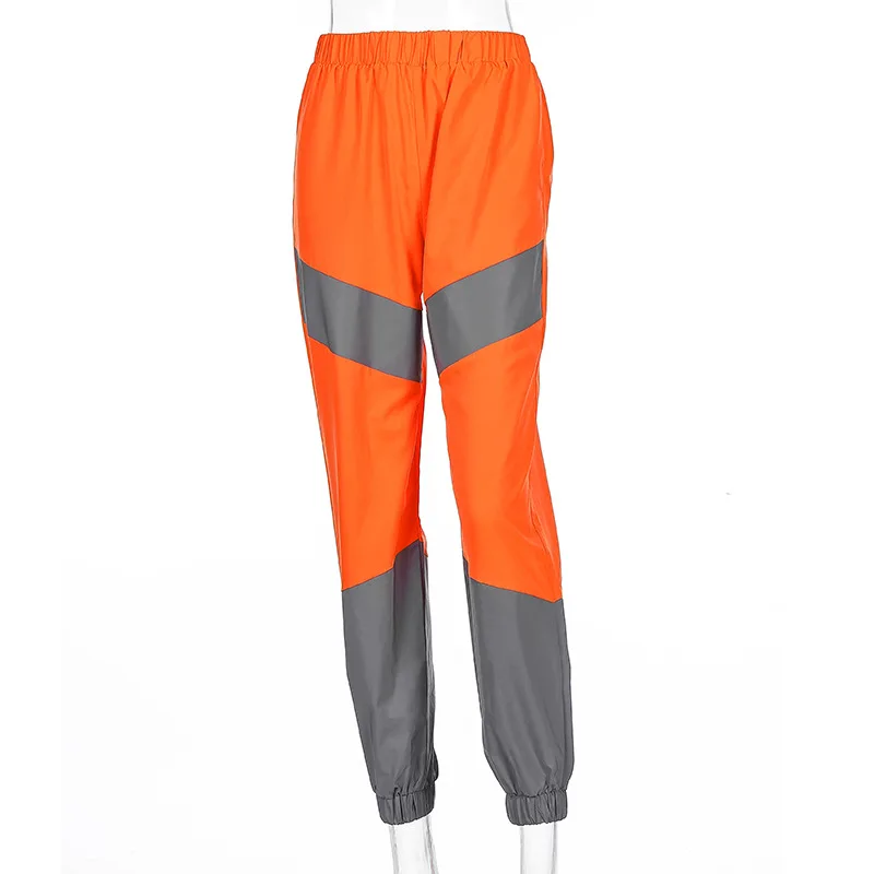 Осенние женские спортивные штаны в стиле хип-хоп, высокая талия, светоотражающие, светится в темноте, блестящие спортивные штаны для бега, фитнеса, работы WP981198A - Цвет: Оранжевый