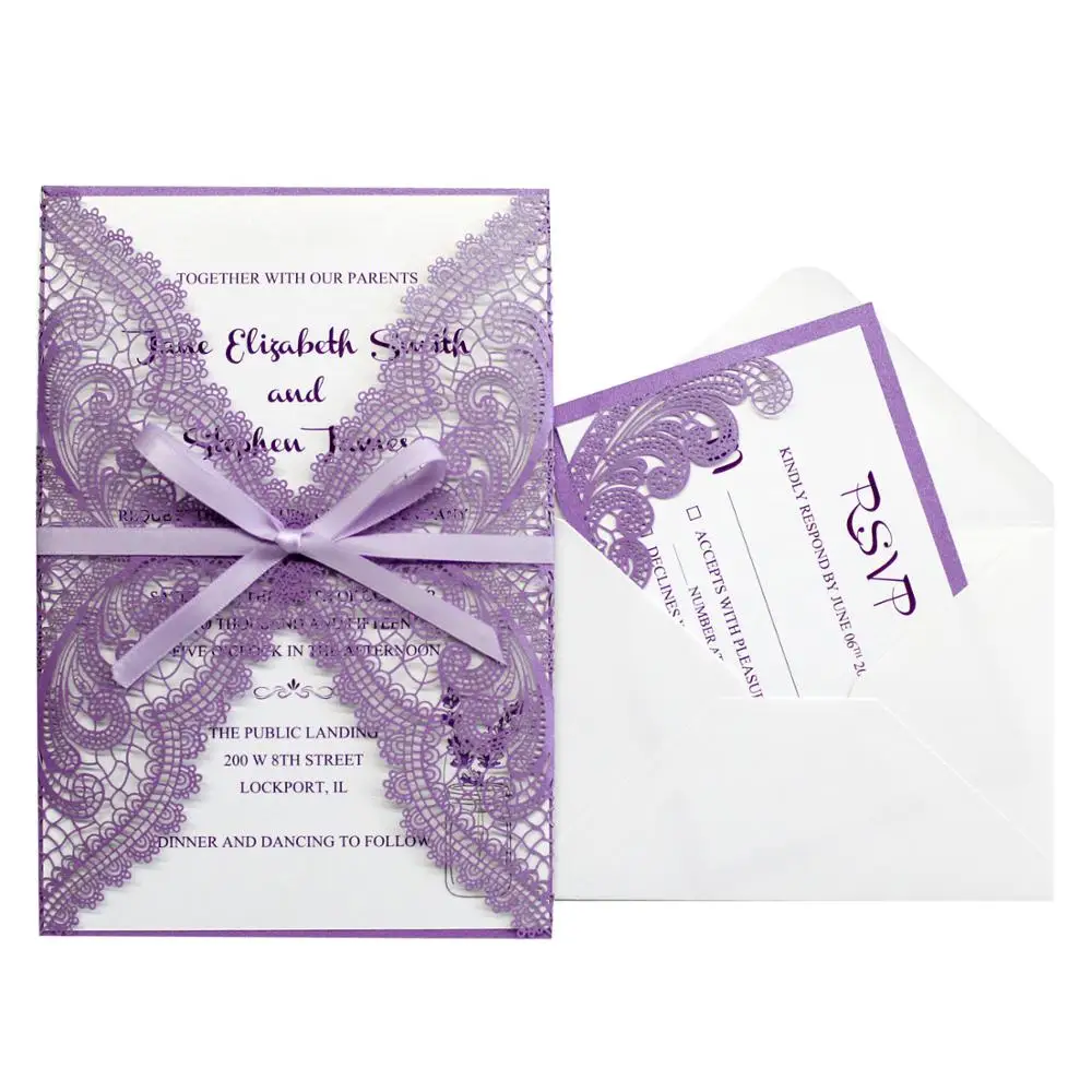  Laser Cut Wedding Invitations Purple Lace Invitation with Lavender Ribbon Unique Invitation Cards - - 4000032199302