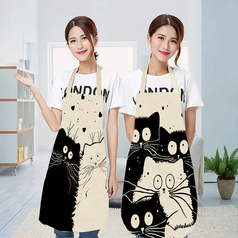 Men Women Kids Waterproof Waist Bib Sleeveless 68*49cm/49*40cm Cute Cartoon Cat Printed Home Cleaning Tools Cotton Linen Aprons