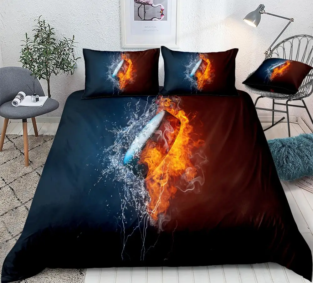 Ice Hockey Duvet Cover Set Ice Hockey On Fire Water Thunder