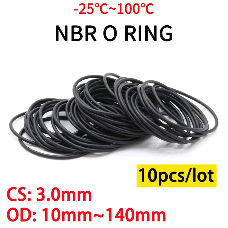 Junta de junta tórica negra para automóvil, goma de nitrilo redonda O resistente a la corrosión, aceite de sellado, CS 3mm OD 10mm ~ 140mm NBR, 10 Uds.