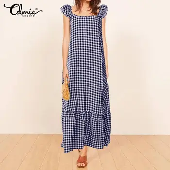 

Women Vintage Plaid Dress Celmia 2020 Summer Beach Sundress Sexy Short Sleeve Ruffled Long Maxi Dresses Plus Size Check Shirt