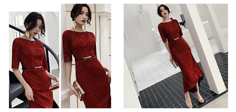 Skyyue платье для выпускного вечера с коротким рукавом Robe De Soiree K150 Бургундия с блестками и О-образным вырезом, женские вечерние платья, элегантное платье для выпускного вечера