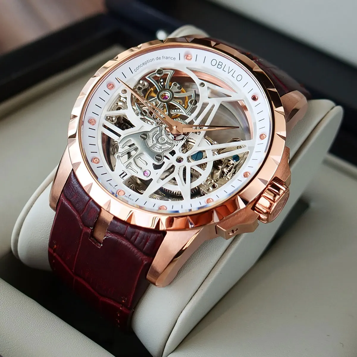 OBLVLO Skeleton Analog Display Tourbillon Automatic Watches Brown Leather Strap Waterproof Relogio Masculino RM-S | Наручные часы