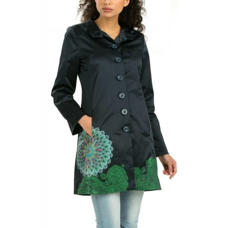 Abrigo rompevientos casual largo medio flor Verde Negro español
