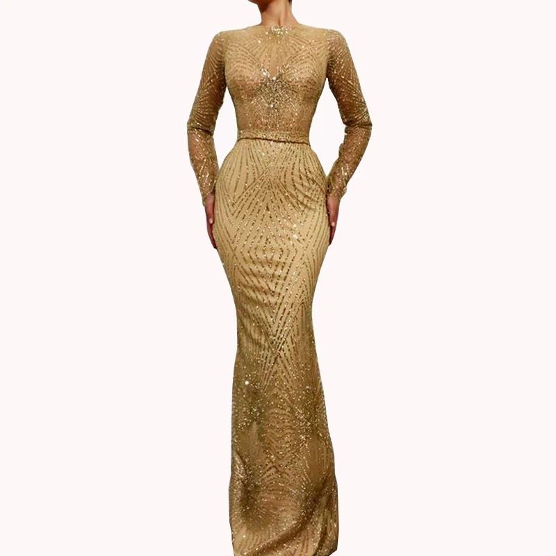 Платье-Русалка с длинным рукавом Саудовская Арабский вечер платья Robe De Soiree Дубайский кафтан сексуальные золотые блестки длинное фатиновое торжественное платье - Цвет: Золотой