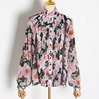 

Newest Fashion 2020 HIGH STREET Designer Blouse Women's Long Sleeve Bow Collar Gorgeous Floral Print Blouse Shirt