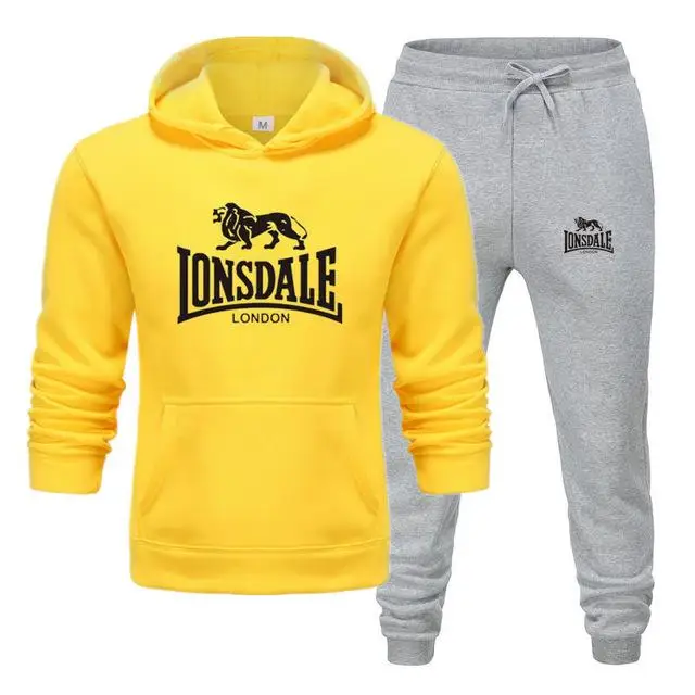 Модные мужские толстовки с принтом LONSDALE, костюмы, фирменный спортивный костюм, мужские толстовки в стиле хип-хоп+ спортивные штаны, осенне-зимний флисовый пуловер с капюшоном - Цвет: Yellow-QH