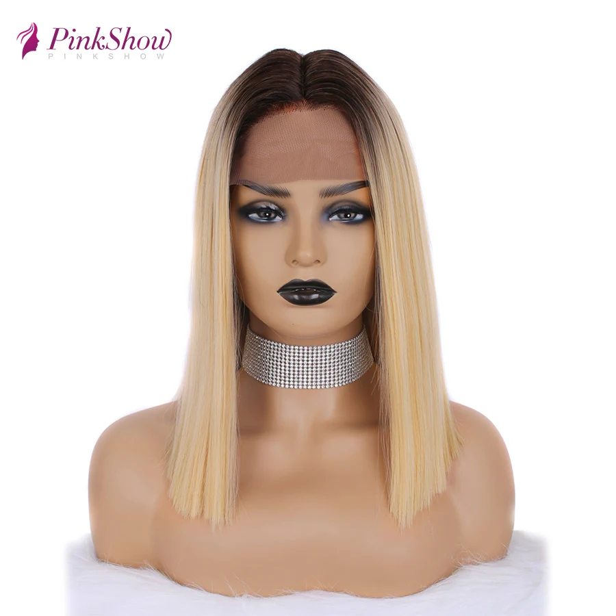 

Pinkshow Short Blonde Lace Front Wig For Women Synthetic Lace Front Wig Dark Root Heat Resistant Fiber Natural Hairline