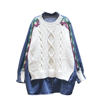 

[EWQ] 2020 Spring Autumn New Pattern Round Collar Long Sleeve Fake Two Piece Denim Patchwork Knitting Casual Sweater Women AH567